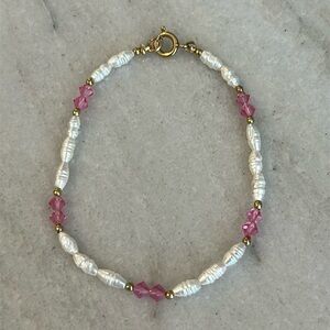Vintage Freshwater Pearl Bracelet with Pink and Gold tone Beads
